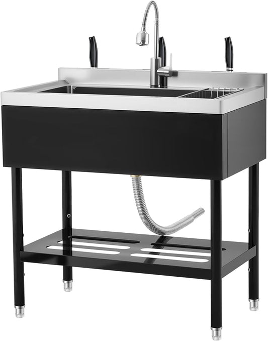 Garvee 36" Black Stainless Steel Utility Sink with Faucet, Adjustable Height Freestanding Commercial Sink with Hot & Cold Water, Shelf, Basket & Drain Kit for Kitchen, Garage, Laundry, or Outdoor Use