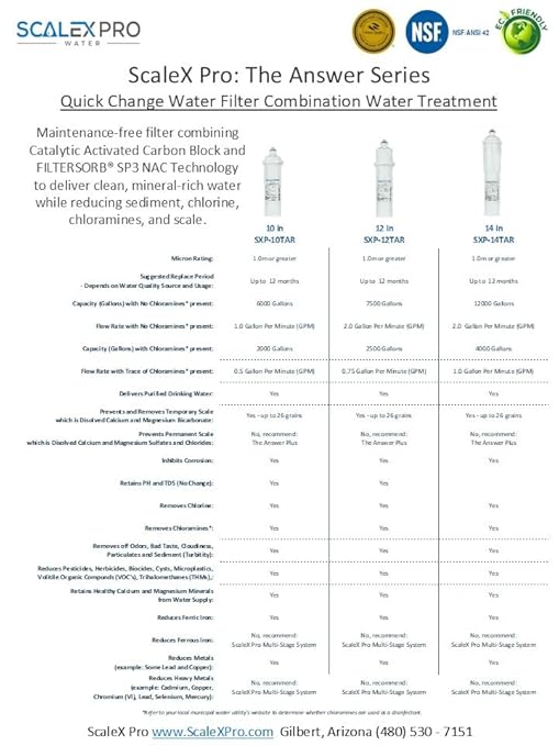 The Answer 12” Hard Water Scale Prevention Filter – Salt-Free NAC Technology Stops & Removes Scale Up to 26 Grains, Removes Chlorine & Other Common Municipal Water Chemicals, 7500 Gallons