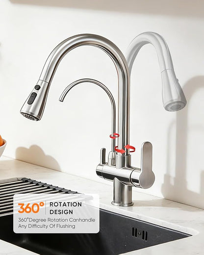 Kitchen Faucet with Water Filter Spout — 2-in-1 Brushed Nickel Pull-Down Sink Faucet, NSF-Certified Filtered Water Tap, Single-Handle with Detachable Deck Plate Fits 1 or 3 Hole by OWOFAN