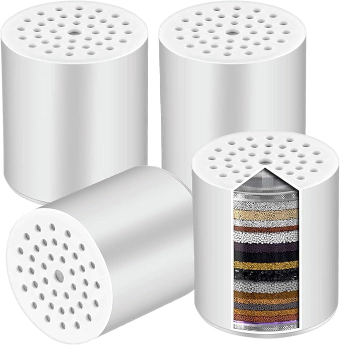 15 Stage Universal Shower Water Filter Cartridges for Chemical & Chlorine Reduction, Hard Water, pH Balance Restoration - Replacement for All Similar Shower Systems (4 Pack)