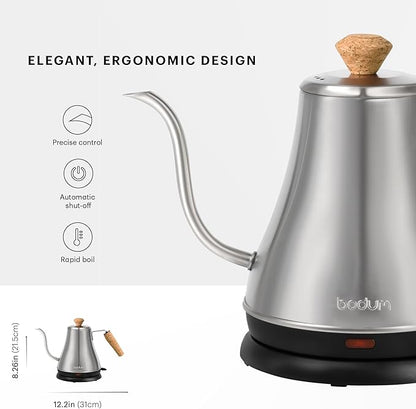 Bodum 27oz Melior Gooseneck Electric Water Kettle, Pour Over Coffee & Tea, Brushed Stainless Steel