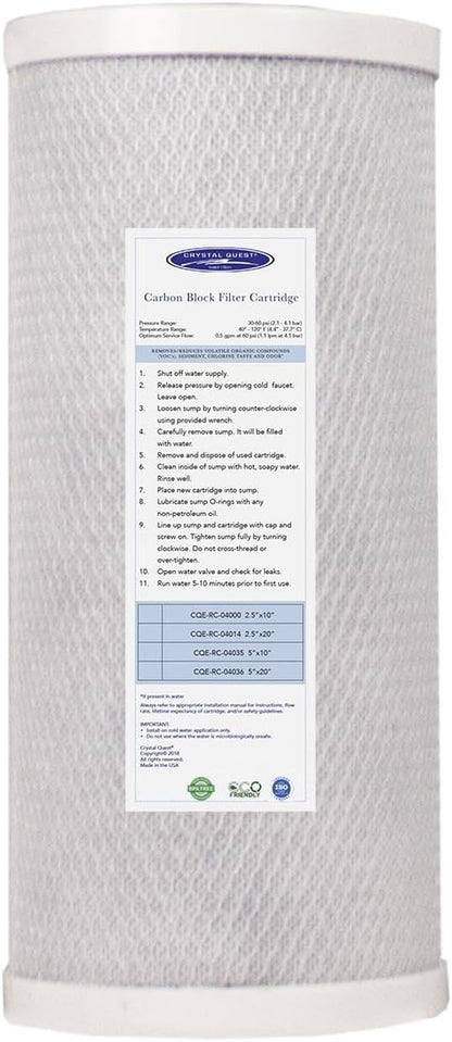 Crystal Quest 5-Micron Carbon Block Filter Cartridge - 4-5/8” x 9-3/4” - Coconut-Based Activated Carbon - Reduces Sediment and VOC’s - Sustainable Filtration