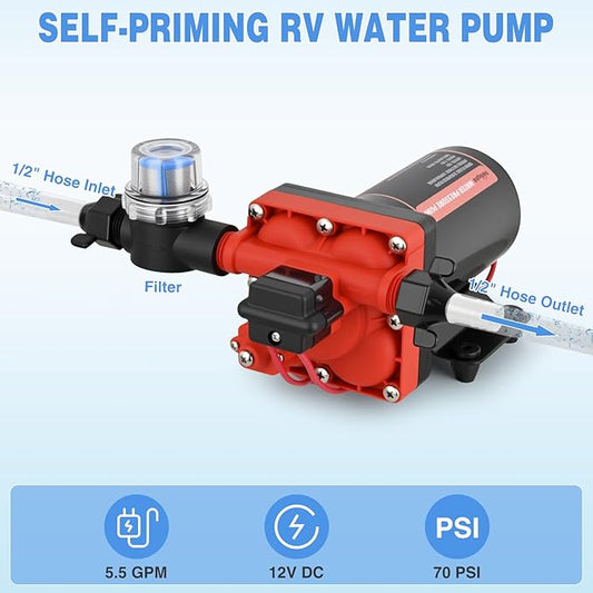 Nilight RV Water Pump 12v Camper Water Pump 5.5 GPM 70 PSI with Pressure Switch& Strainer Heavy Duty Diaphragm Pump 12 Volt DC Upgrade Self-Priming Low Noice for RV Camper Marine Yacht Caravan Trailer