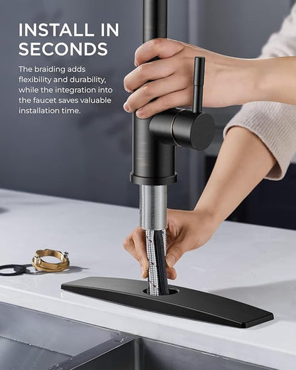 RIOUS Oil Rubbed Bronze Kitchen Faucet with Pull Down Sprayer, High Arc Modern Classic Sink Faucet Stainless Steel with Deck Plate Fit for 1 or 3 Hole for Pot Filler Bar Farmhouse Laundry Rv, ORB