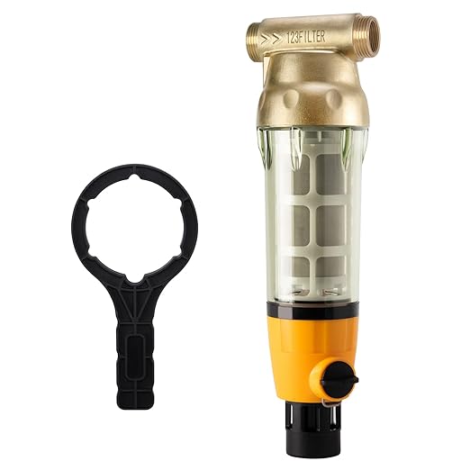 iSpring WSP50B Reusable Whole House Spin Down Sediment Water Filter, Fast Flow with Built-in Housing Scraper and Brass Top Clear Housing, 50 Micron