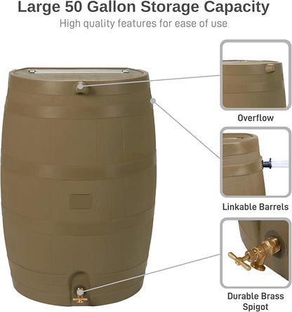 RTS Home Accents 50-Gallon Rain Barrel, Flat Back Rain Water Collection Barrel, Stand and Link Kit Included, Oak Color (2 Pack)