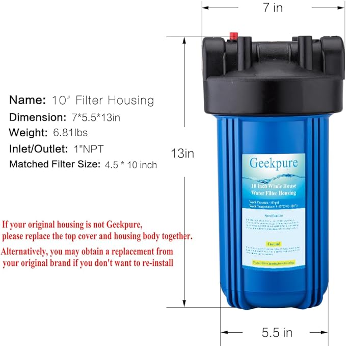 Geekpure 10-Inch Whole House Big Water Filter Housing-Fit for 4.5"x10"Filters -Blue-1 Inch Plastic Port