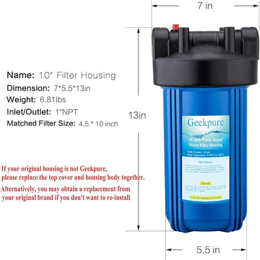 Geekpure 10-Inch Whole House Big Water Filter Housing-Fit for 4.5"x10"Filters -Blue-1 Inch Plastic Port