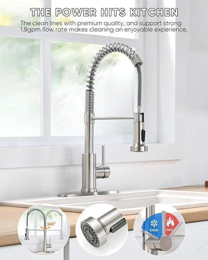 Pull Down Kitchen Faucet with Spring Sprayer, Brushed Nickel — SUS304 Lead-Free Stainless Steel, Single Handle, Fits 1 or 3-Hole Sink with Deck Plate for Farmhouse, RV, Bar, Laundry Room