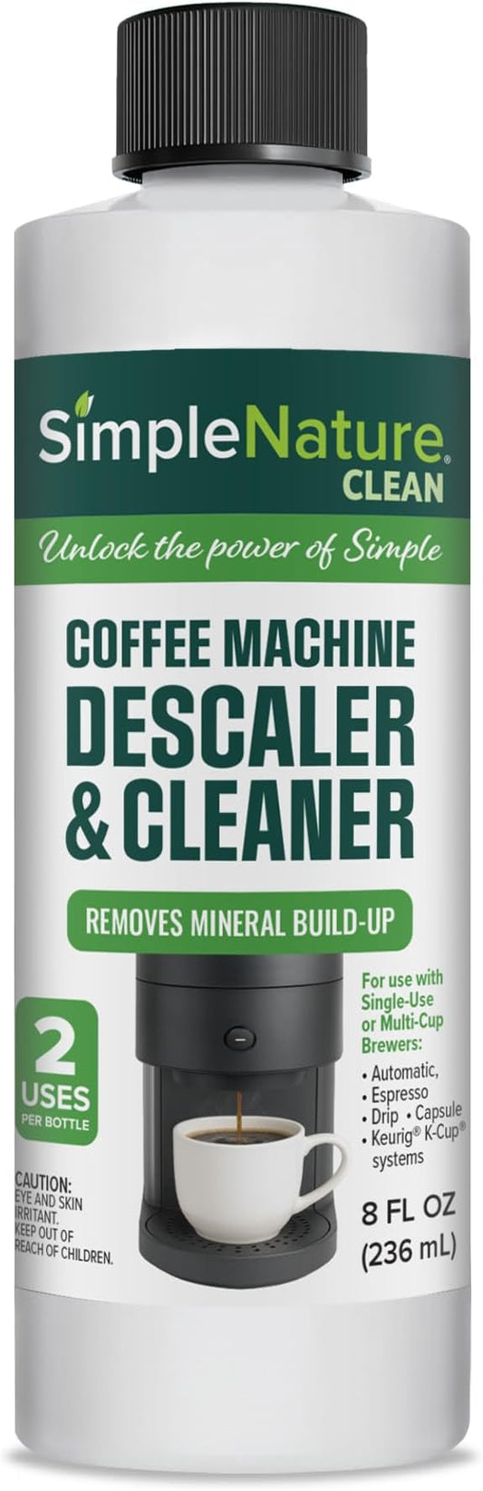 SimpleNature Coffee Descaler (8 fl oz) - Plant-Based Formula Removes Limescale & Buildup from Espresso, Drip, Pod & Single-Serve Machines | Improves Performance & Brew Quality