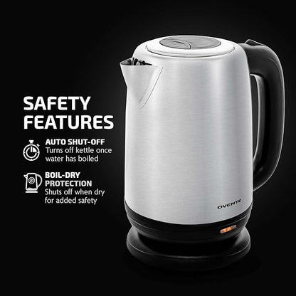 OVENTE Electric Tea Kettle Stainless Steel 1.7 Liter Portable Instant Water Boiler Heater 1100W Power Fast Boiling with Cordless Body and Automatic Shut Off for Coffee Milk Chocolate Silver KS27S