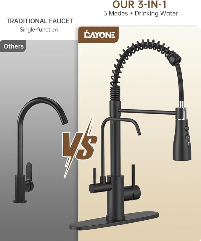 DAYONE Kitchen Faucet with Water Filter and Sprayer, 3 in 1 Pull Down Faucet with Purfied Water Faucet, 20 Inches High Arc Kitchen Water Filter Faucet, Matte Black (Without Filtration Device)