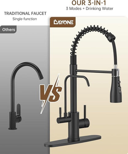 DAYONE Kitchen Faucet with Water Filter and Sprayer, 3 in 1 Pull Down Faucet with Purfied Water Faucet, 20 Inches High Arc Kitchen Water Filter Faucet, Matte Black (Without Filtration Device)