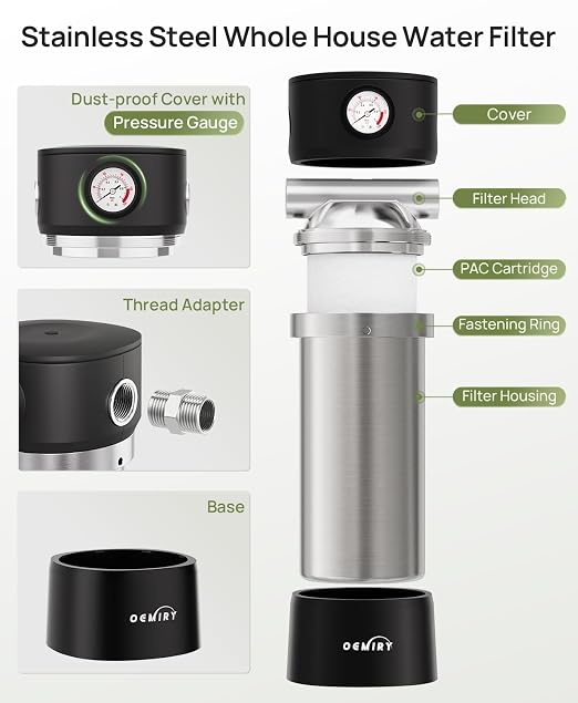 Whole House Water Filter, Stainless Steel Housing Home Pre-Filtration with Pressure Gauge for Well or City Water, 1" or 3/4" NPT Port, 1 Filter