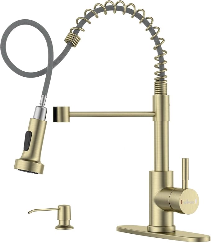 APPASO Gold Kitchen Faucet with Pull Down Sprayer and Soap Dispenser | Single Handle High Arc Spout, NSF Certified 1 or 3 Hole Installation, for Kitchen Sink Farmhouse RV Laundry Camper