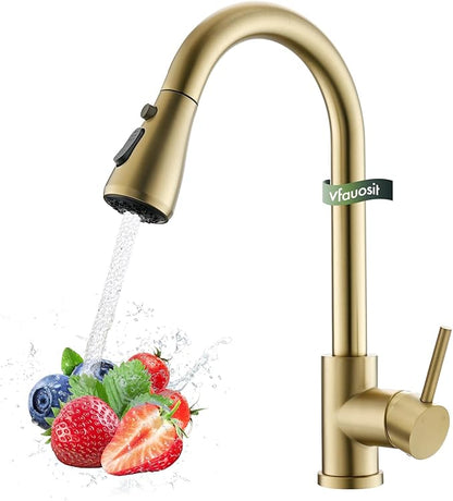 Gold Kitchen Faucet, Brass Kitchen Faucet with Pull Down Sprayer, Single Hole Stainless Steel Brushed Gold Faucet for 3 Hole Kitchen Sink Gooseneck for Commercial Modern Camper RV Farmhouse Bar Sink