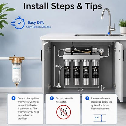 MapleRun 0.01μm Ultra Filtration Under Sink Water Filtration System, 304 Stainless Steel Water Purifier, High Flow Drinking Water Filter for Kitchen Sink, No Electricity Needed