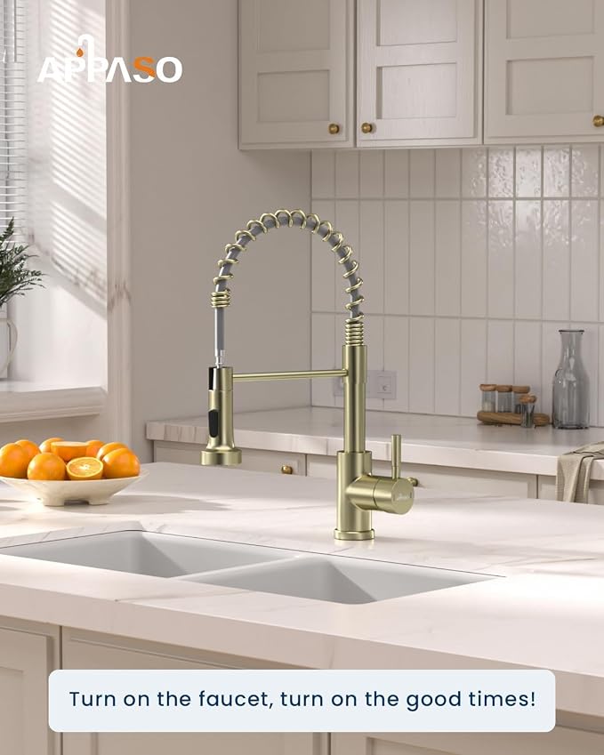 APPASO Gold Kitchen Faucet with Pull Down Sprayer and Soap Dispenser | Single Handle High Arc Spout, NSF Certified 1 or 3 Hole Installation, for Kitchen Sink Farmhouse RV Laundry Camper