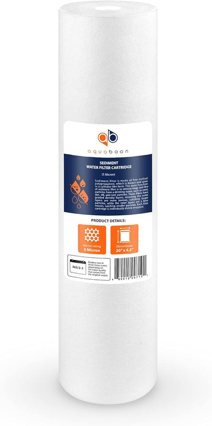 Aquaboon 5 Micron 20 x 4.5 Whole House Sediment Filter Cartridge 20 inch Water Filter Replacement Compatible with DGD-5005-20, FP25B, AP810-2, 4-Pack