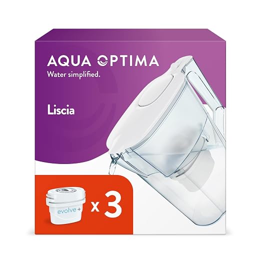 Aqua Optima Liscia Water Filter Jug & 3 x 30 Day Evolve+ Filter Cartridges, 2.5 Litre Capacity, for Reduction of Microplastics, Chlorine, Limescale and Impurities, White (Packaging May Vary)