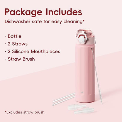 Konokyo FLOWPLAY 22oz Locking Push-Button Water Bottle with Silicone Spout,Leak-Proof,18/8 Stainless Steel Double-Wall Vacuum Insulated for Sports and Travel,BPA-Free,Pink