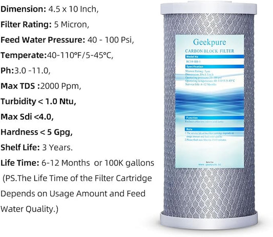 Geekpure 10-Inch Carbon Block Replacement Water Filter Cartridge for Whole House Water Filtration-4.5" x 10"-5Micron -Pack of 4