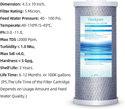 Geekpure 10-Inch Carbon Block Replacement Water Filter Cartridge for Whole House Water Filtration-4.5" x 10"-5 Micron -Pack of 12