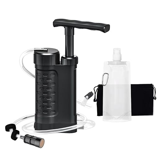 Portable Water Filter Pump, 0.01 Micron Manual Survival Water Purifier for Camping Hiking Backpacking Emergency, Fast Flow Removes Harmful Substances & Sediment (k8188 Black)