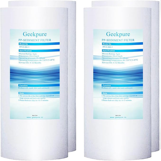 Geekpure 10 Inch Whole House PP Sediment Replacement Water Filter Cartridge-4.5" x 10"-5 Micron-Pack of 4