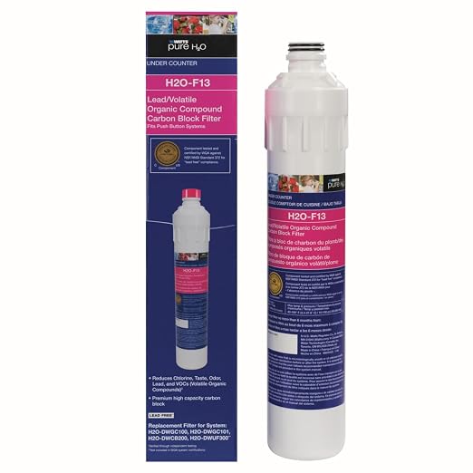 Watts Premier H2O-F13 Pure H2O LVOC Carbon Block Filter Replacement for H2O-DWGC100, H2O-DWGC101, H2O-DWCB200, H2O-DWUF300 Under Counter Water Filtration Systems, Push Button Design