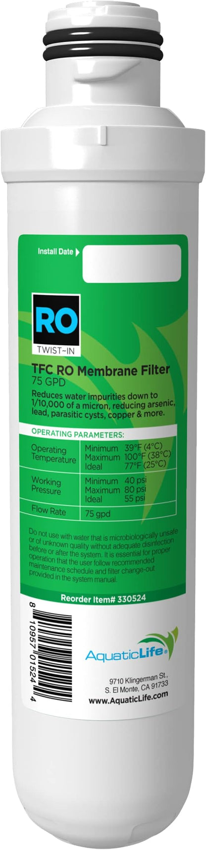 AquaticLife Twist-In 75 GPD RO Membrane Replacement Filter Cartridge for Reverse Osmosis Deionization Water Filter System RO/RODI Units