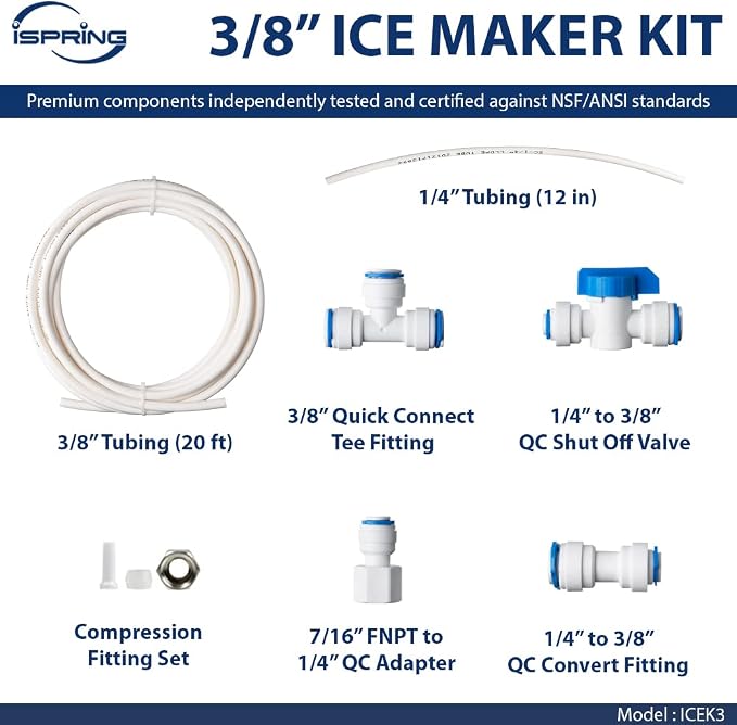 iSpring ICEK3 3/8" Tubing Water Line Splitter and Reverse Osmosis Refrigerator Ice Maker Kit, Fits PH100, RO100, US15 Series, 20 feet, Everything Included for Installation