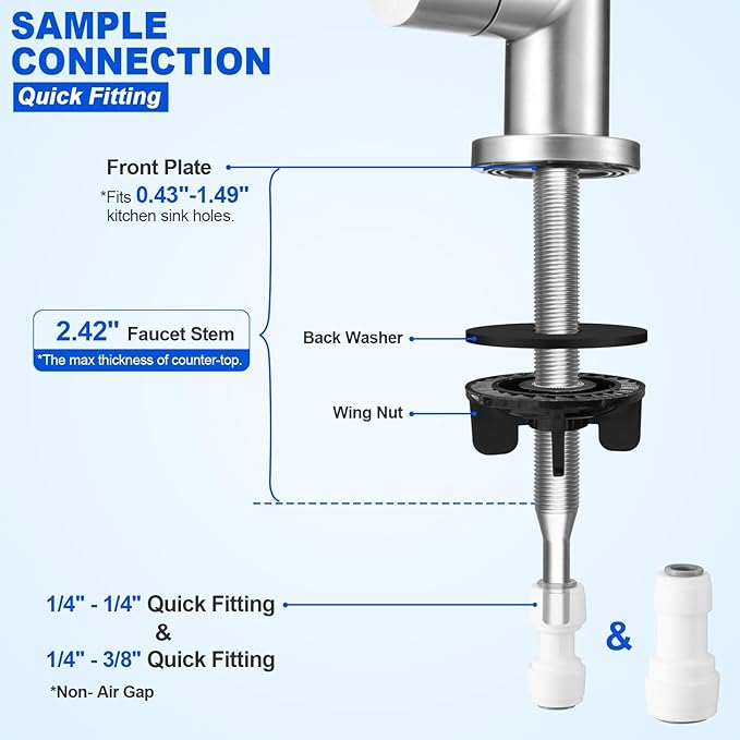 Drinking Water Faucet - Long Thread Stem Filtered Water Tap for Thick Countertop,Lead-Free RO Faucet with Hose and Push Connect Fittings(Brushed Stainless - "7" Shape)