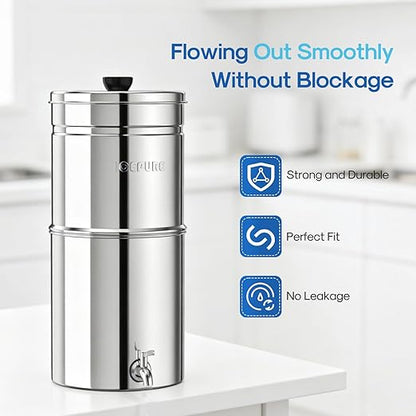 ICEPURE 2.25G Gravity-fed Water Filter System, 304 Stainless Steel Countertop System with Metal Faucet, 2 Black Carbon Filters, Reduce 99% Chlorine, Lead for Home, Camping, Travel, Emergencies