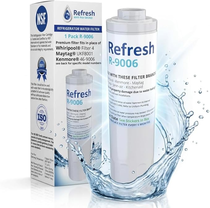 Refresh R-9006 Refrigerator Water Filter Replacement for UFK8001, WF295, WSM-2 - Clean Great Tasting Drinking Water and Ice Maker Filtration with Fresh Flow for Your Home Fridge, Easy Filter Cartridge