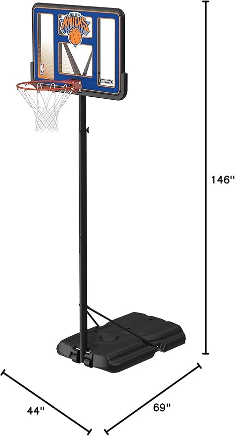 Lifetime NBA New York Knicks Portable Basketball Hoop, Adjustable Height 7.5-10 Ft, 44 Inch Shatterproof Fusion Backboard, Base with Wheels