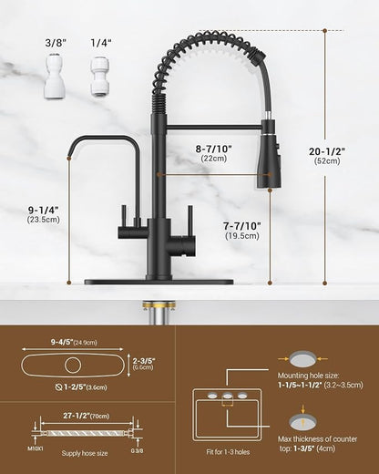 DAYONE Kitchen Faucet with Water Filter and Sprayer, 3 in 1 Pull Down Faucet with Purfied Water Faucet, 20 Inches High Arc Kitchen Water Filter Faucet, Matte Black (Without Filtration Device)