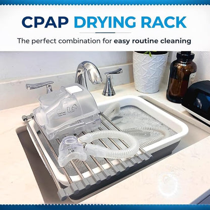 Drying Rack CPAP Cleaning Kit with Collapsible Wash Basin, Cleaning Brush & Drying Rack – CPAP Hose & Mask Cleaner Set – Grey | with Drying Rack