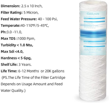 Geekpure 10 Inch PP Spun Wound String Replacement Sediment Filter for Whole House Water Filtration or RO System- 2.5" x 10"-5 Micron-Pack of 4