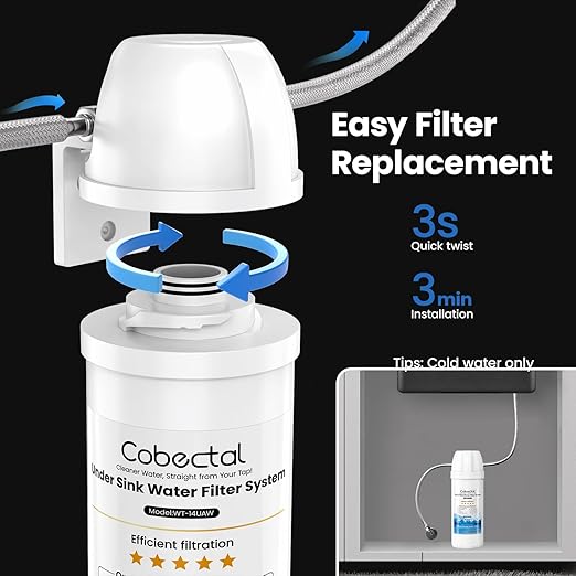 Cobectal Under Sink Water Filtration System, Reduces Chlorine, PFAS, PFOA/PFOS, Bad Taste & Odor,10000 Gallons,Under Sink Water Filter System Direct Connect to Kitchen Faucet,1Year