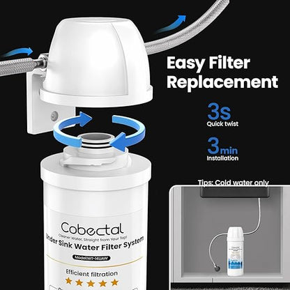 Cobectal Under Sink Water Filtration System, Reduces Chlorine, PFAS, PFOA/PFOS, Bad Taste & Odor,10000 Gallons,Under Sink Water Filter System Direct Connect to Kitchen Faucet,1Year