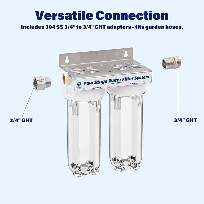 Dual Stage RV Water Filter System, Camper Water Filter, Inline Filtration for RVs, Boats, Motorhomes, Marine & Garden, with 304 SS Mounting Bracket & 3/4" GHT Garden Hose Fitting, Includes PP & CTO