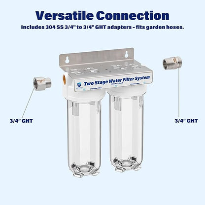 Dual Stage RV Water Filter System, Camper Water Filter, Inline Filtration for RVs, Boats, Motorhomes, Marine & Garden, with 304 SS Mounting Bracket & 3/4" GHT Garden Hose Fitting, Includes PP & CTO