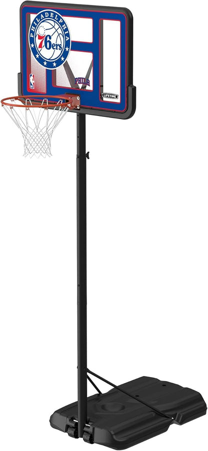 Lifetime NBA Philadelphia 76ers Portable Basketball Hoop, Adjustable Height 7.5-10 Ft, 44 Inch Shatterproof Fusion Backboard, Base with Wheels
