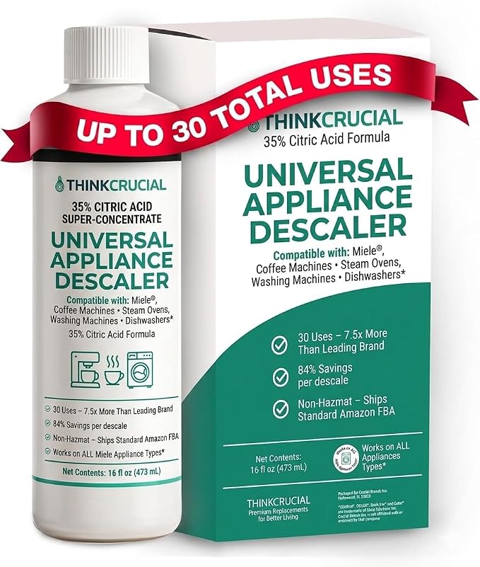 Think Crucial Universal Descaling Concentrate Compatible with Miele Coffee Machines, Steam Ovens, Washers, Dishwashers – 30 Uses, 35% Citric Acid – 16 fl oz