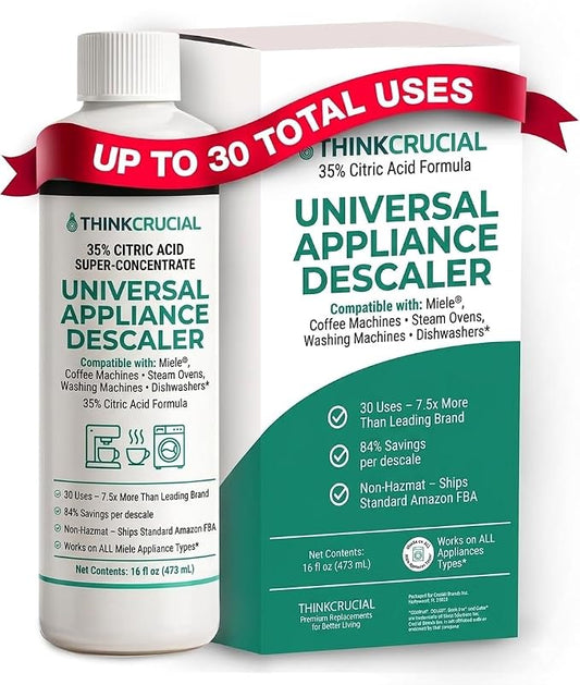 Think Crucial Universal Descaling Concentrate Compatible with Miele Coffee Machines, Steam Ovens, Washers, Dishwashers – 30 Uses, 35% Citric Acid – 16 fl oz