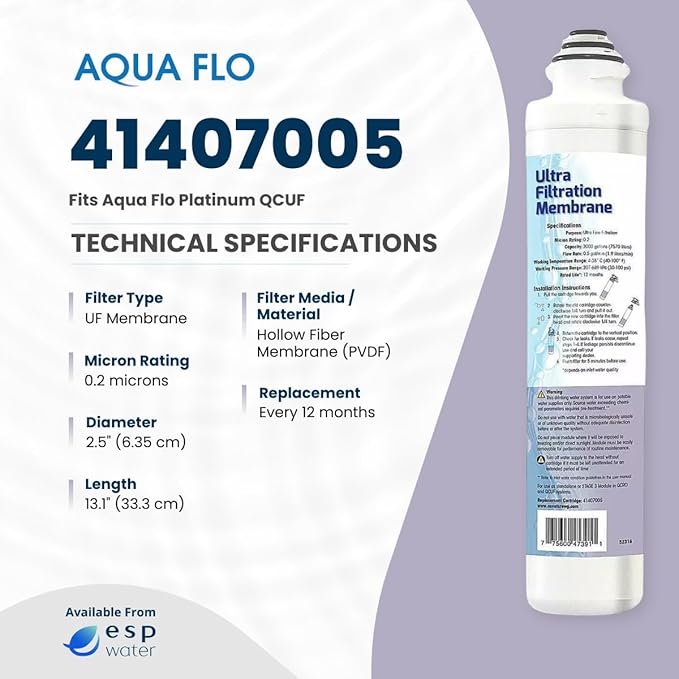 Aqua Flo 41407005 UF Membrane Filter Replacement for Platinum QCUF 4 Stage System, Quick Change Ultra Filtration Cartridge, High Performance Long-Lasting Water Filter