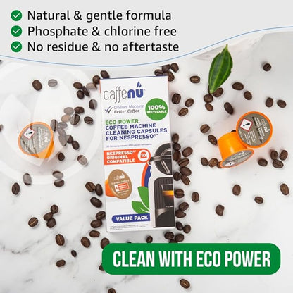 Caffenu Nespresso Compatible Cleaning Pods. 10 Cleaner Capsules. Improved Coffee Flavor. For Nespresso Originaline, Use with Descaling Kit.