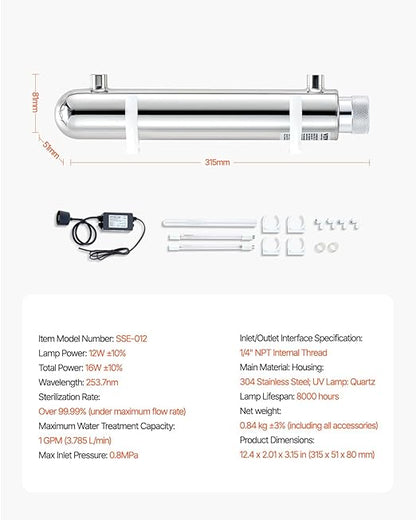 VEVOR Purifier UV Water, 12 W, 1 GPM, 110 V, Versatile Ultraviolet Water Purification Filter with Stainless Steel housing, UV Water Filter for The Whole House with Quartz Sleeve