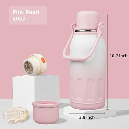Konokyo Insulated Water Bottle with Handle and Strap,Vacuum Travel Tumbler with Cup Lid,Thermo Coffee Cup for Hot Cold Drinks 40 OZ,Pink Pearl